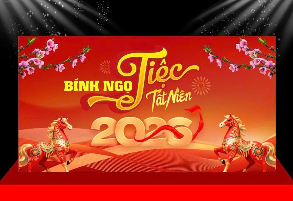 Backdrop Tết Bính Ngọ 2026 - Đỏ May Mắn, Thiết Kế Lễ Hội Rực Rỡ