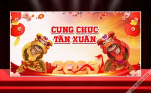 Backdrop Tết 2023 Chúc Mừng Năm Mới - Thiết Kế Sư Tử Vàng Đón Xuân