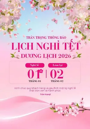 Poster Lịch Nghỉ Tết 2026 Phong Cách Hoa Đào Dễ Thương