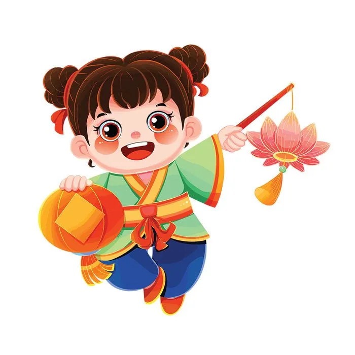 Bé Gái Chơi Tết Cùng Đèn Lồng Hoa Sen - EPS Vector Dễ Thương