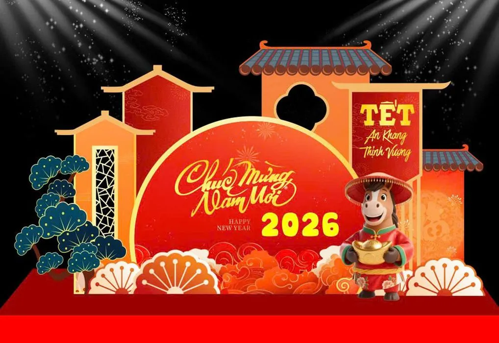 Backdrop Tết 2026 Ất Tỵ Đón Xuân May Mắn – File CDR Vector Sẵn Sàng In Ấn