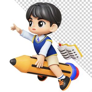 Hình ảnh cậu học sinh cưỡi cây bút 3D file PNG mẫu CR855