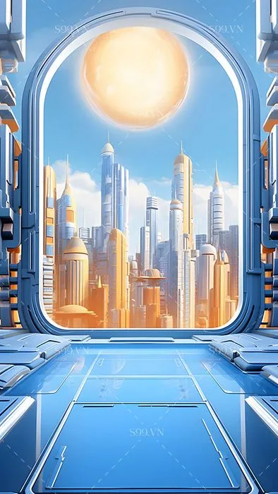 Background Tương Lai Khoa Học Viễn Tưởng - Cửa Sổ Thành Phố Bình Minh