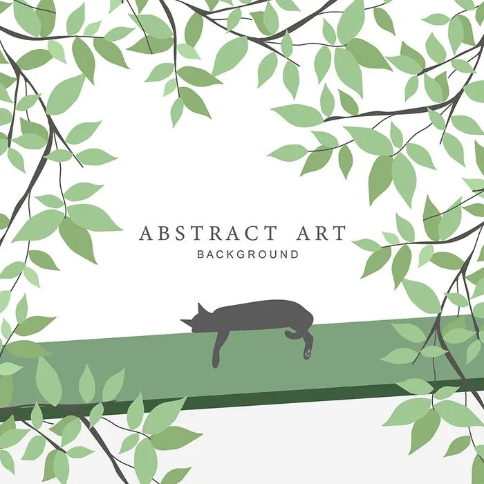 Khung Cành Lá Xanh Tươi và Mèo Ngủ - Minh Họa Vector EPS