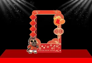 Backdrop Tết 2024 Hoạt Hình Chú Ngựa Dễ Thương Viền Đỏ Nổi Bật