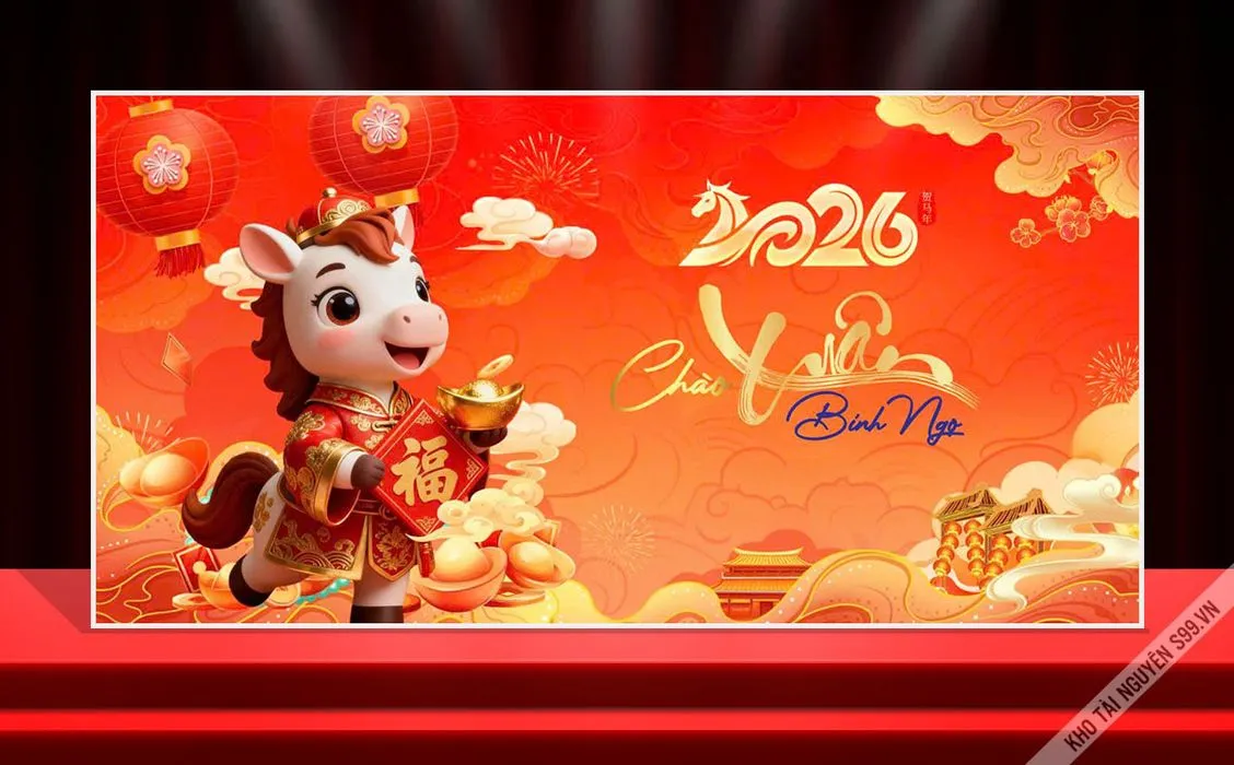 Backdrop Tết Bính Ngọ 2026 – Đón Lộc Mã Vàng CDR Độc Đáo