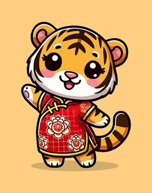 Hình ảnh chú hổ mặc áo ngày tết flie vector mẫu KS18