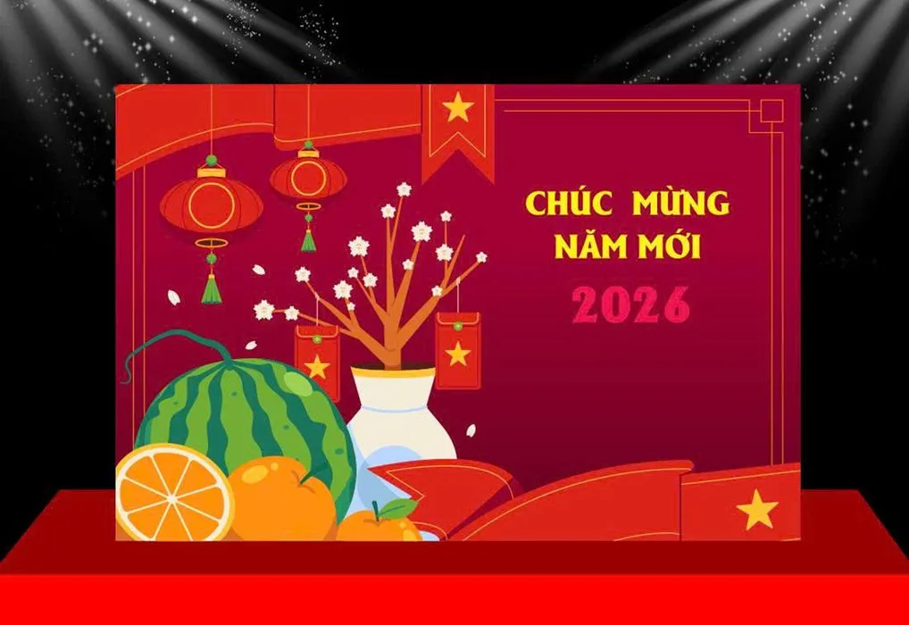 Backdrop Tết 2026 Đỏ May Mắn Chúc Mừng Năm Mới - File CDR