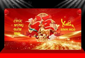 Backdrop Tết Giáp Ngọ 2026 Đỏ Vàng May Mắn – File CDR Thiết Kế Sẵn