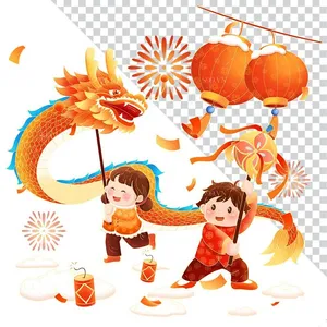 Tết Cổ Truyền Trẻ Em Vui Chơi Múa Lân & Pháo Hoa - Hình Minh Họa PNG