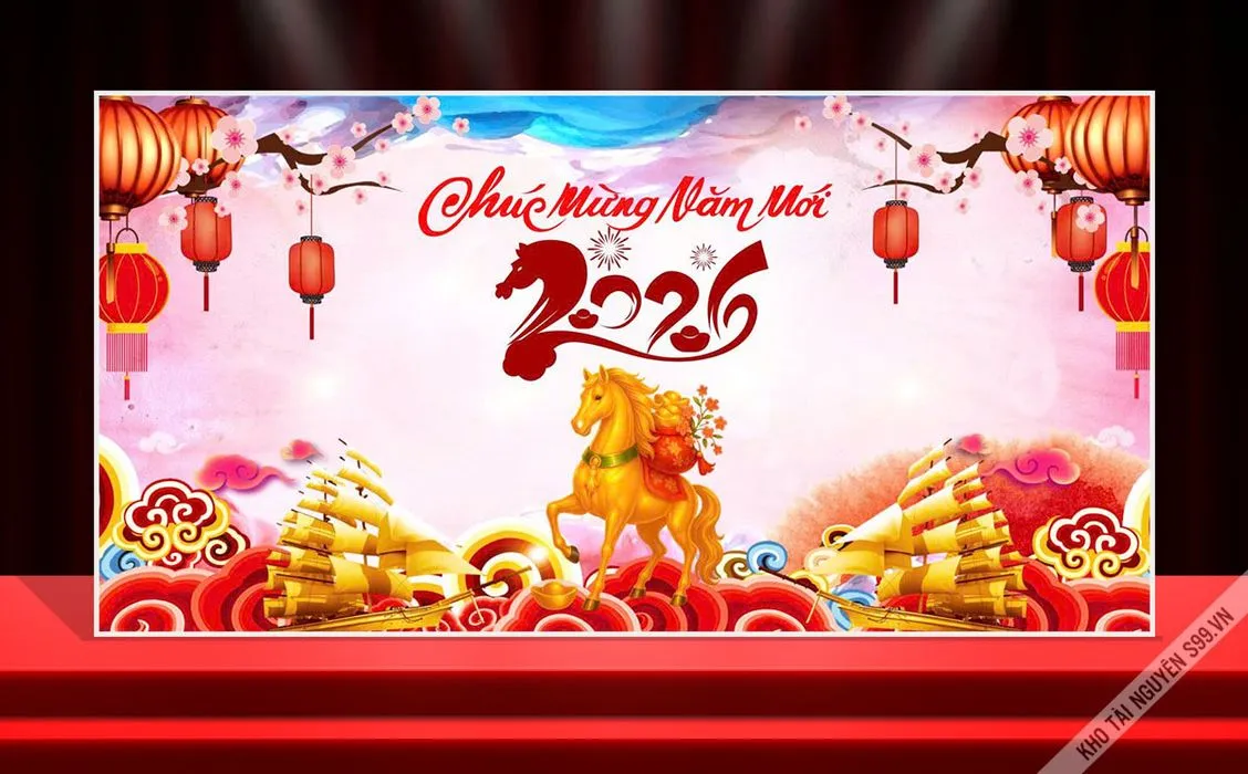 Backdrop Tết 2026 Ất Tỵ - Mã Đáo Thành Công (CDR) - File thiết kế