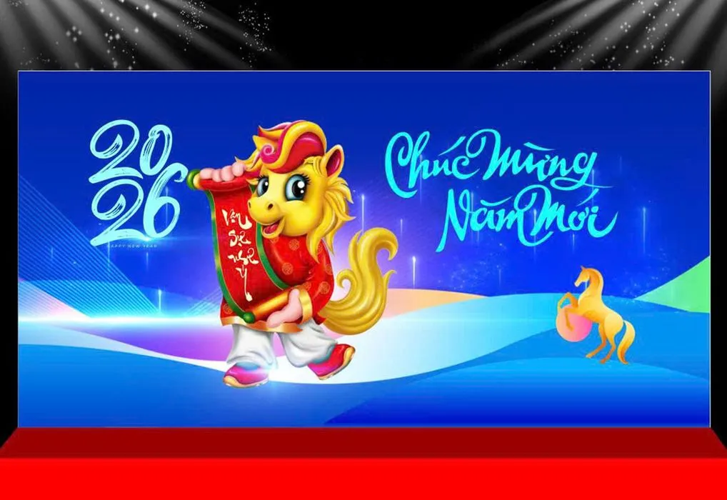 Backdrop Tết 2026 Ất Tỵ - Chú Ngựa Vàng May Mắn Đáng Yêu