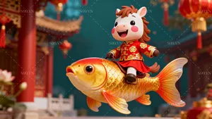 Minh Họa Tết Ngựa Cưỡi Cá Chép Vàng – PNG Chất Lượng Cao