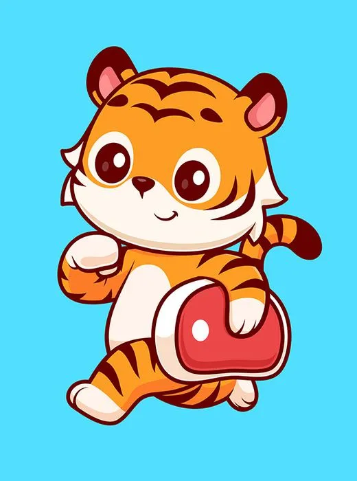 Hình ảnh chú hổ con cầm miếng thịt flie vector mẫu KS49