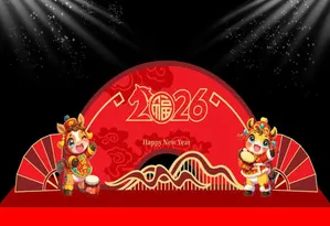 Backdrop Tết 2026 Đón Mừng Năm Mới - Thiết Kế Chú Trâu, Hổ Hoạt Hình