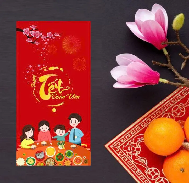 Bao Lì Xì Tết Đoàn Viên Đỏ Rực, Hoa Mai & Pháo Hoa - CDR Vector