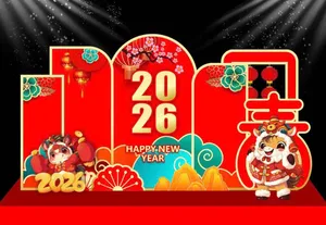 Backdrop Tết 2026 Đỏ May Mắn - Thiết Kế Phong Cách Hoạt Hình