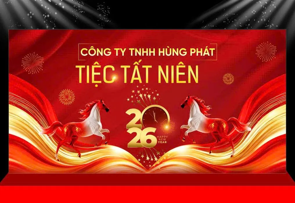 Backdrop Tiệc Tất Niên 2026 Đỏ Vàng Đón Xuân May Mắn