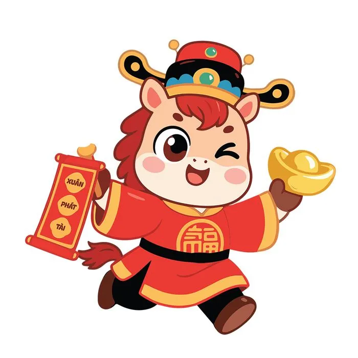 Linh Vật Ngựa Tết Vui Vẻ Cầm Câu Đối và Vàng Thỏi – Thiết Kế EPS