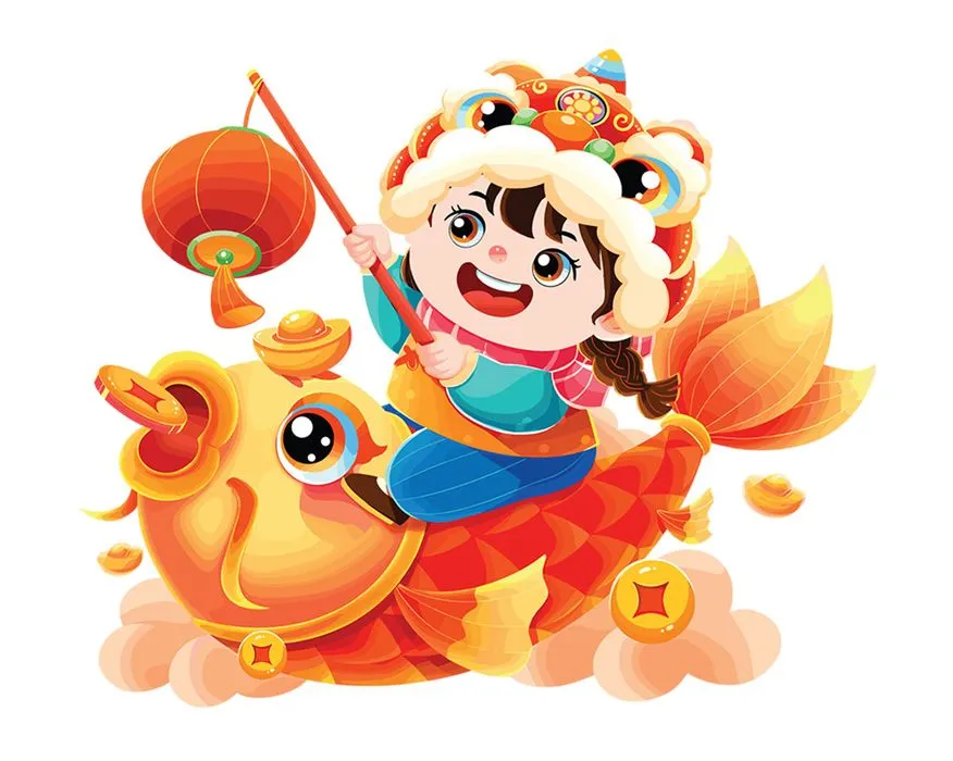 Hình Minh Họa Tết Bé Cưỡi Cá Chép Vàng Vui Nhộn EPS