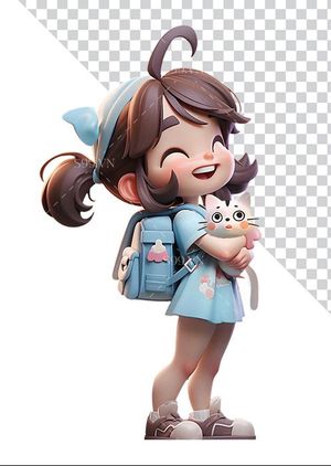 Hình ảnh cô gái đi học cùng chú mèo 3D file PNG mẫu CR829