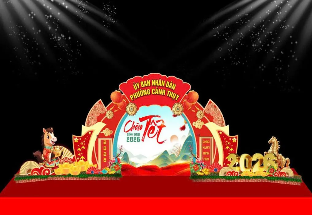 Backdrop Tết 2026 Ất Tỵ Đỏ May Mắn - Thiết Kế Sân Khấu Sự Kiện