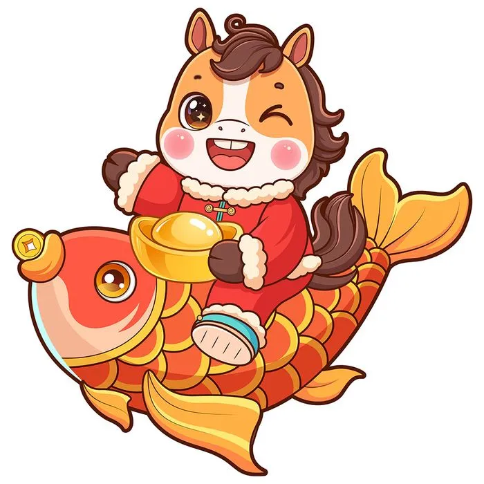 Linh Vật Ngựa Tết Cưỡi Cá Chép Vàng – Vector Minh Họa Hoạt Hình