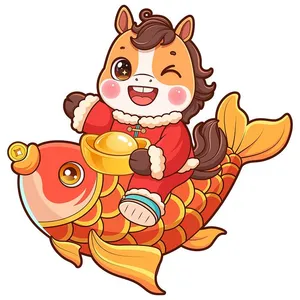 Linh Vật Ngựa Tết Cưỡi Cá Chép Vàng – Vector Minh Họa Hoạt Hình