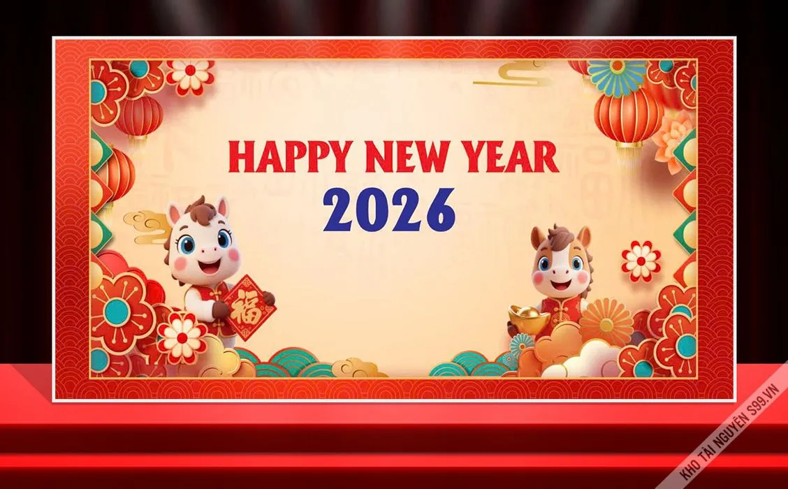 Backdrop Tết 2026 Hình Con Ngựa Dễ Thương – File CDR Chỉnh Sửa Dễ Dàng