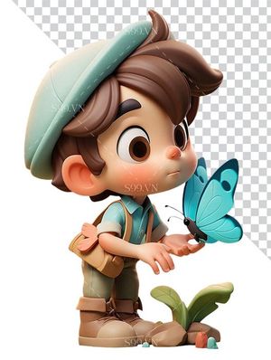 Hình ảnh cậu bé vui chơi cùng chú bướm 3D file PNG mẫu CR832