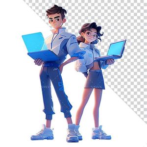 Hình ảnh hai học sinh công nghệ thông tin 3D file PNG mẫu CR793