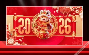 Backdrop Tết 2026 Ất Tỵ - Chú Hổ Cầm Câu Đối Đỏ (Vector CDR)