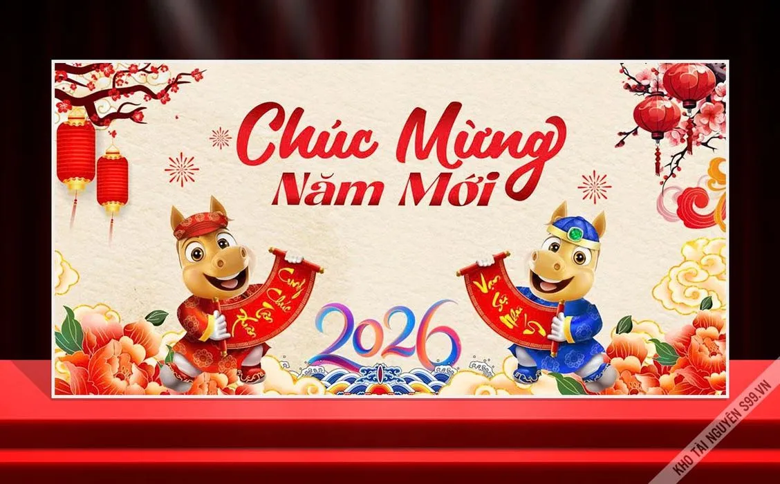 Backdrop Tết 2026 Giáp Ngọ Dễ Thương – File CDR Vector