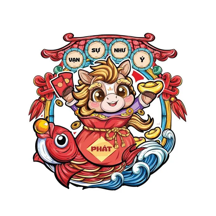 Linh Vật Ngựa Tết Nguyên Đán May Mắn Phát Tài - Hình Minh Họa Vector EPS
