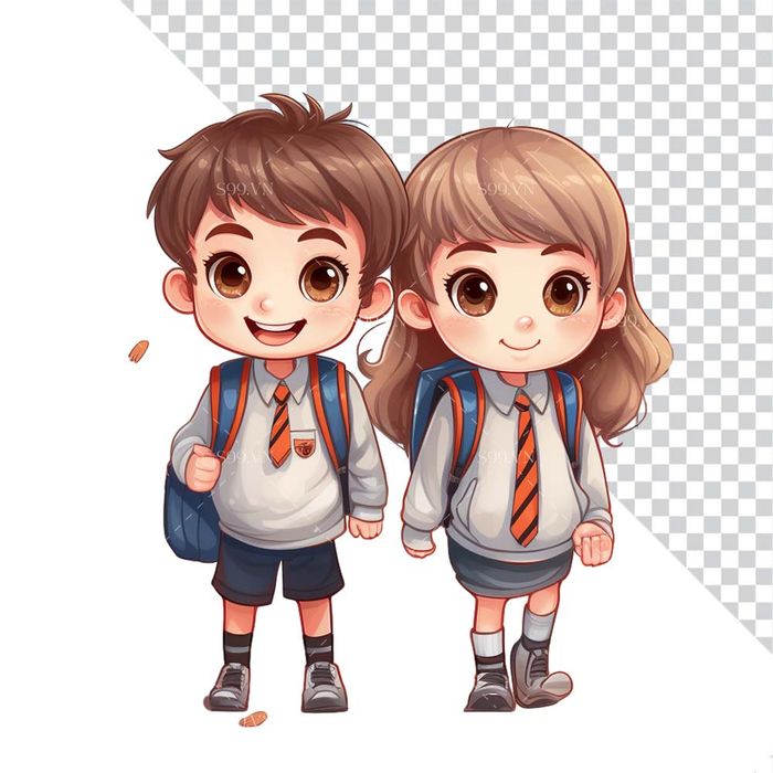 Hình ảnh đôi bạn học sinh cùng nhau đi học 3D file PNG mẫu CR898