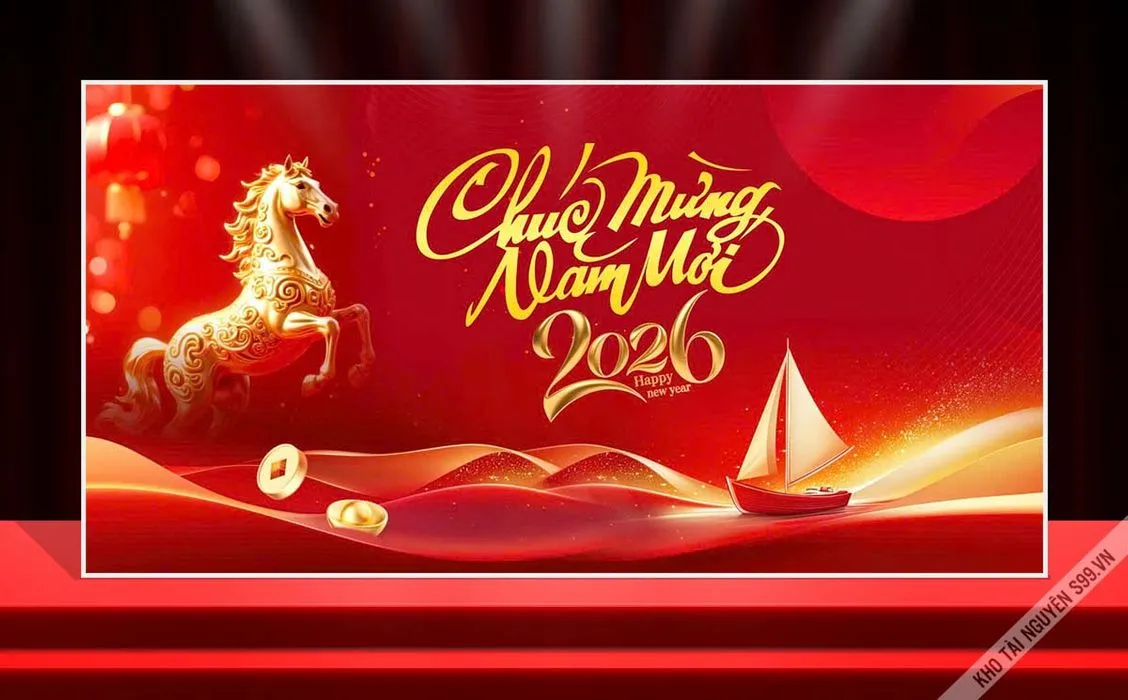 Backdrop Tết 2026 Đỏ Vàng May Mắn Phong Cách Hiện Đại (CDR)