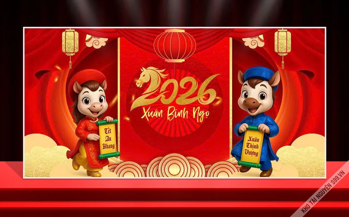 Backdrop Tết 2026 Xuân Bình Ngọ - Thiết Kế Chúc Mừng Năm Mới
