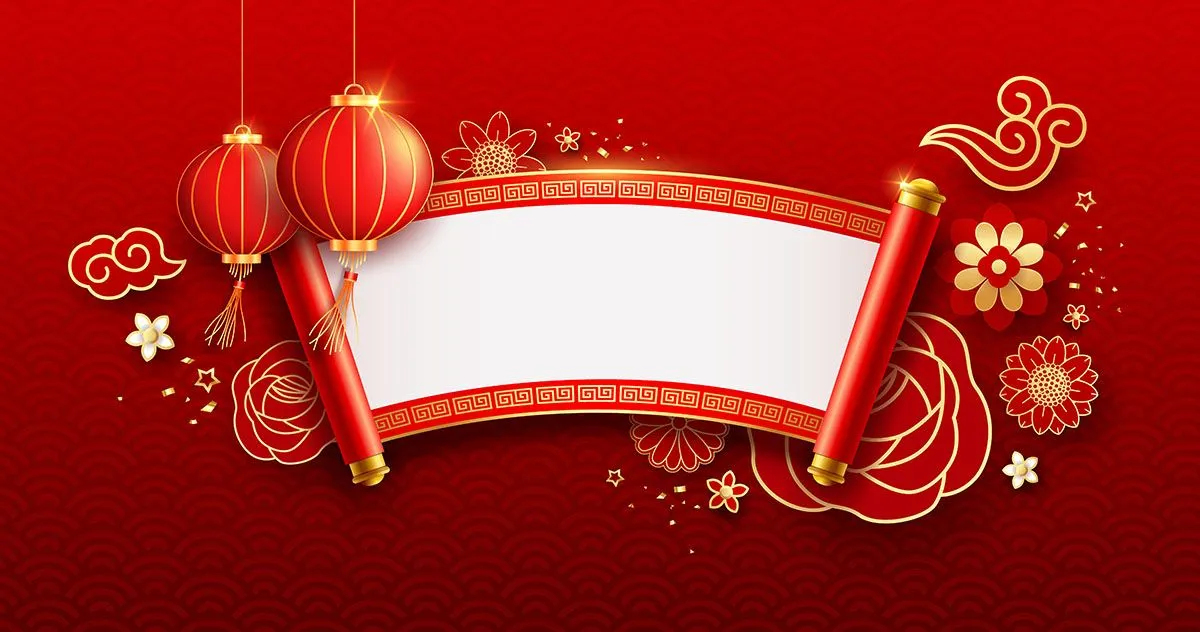 Banner Tết Nguyên Đán Đỏ Cuộn Giấy & Đèn Lồng - File EPS Vector