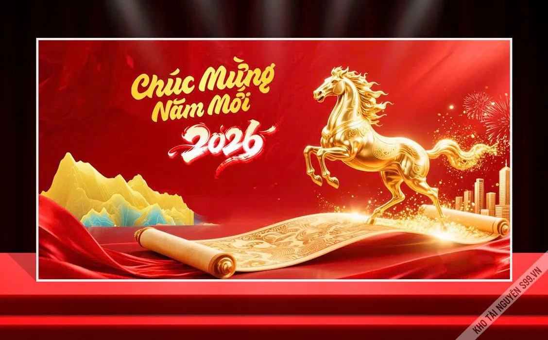 Backdrop Tết 2026 Phong Cách Vàng Đỏ - File CDR Dễ Dàng Chỉnh Sửa