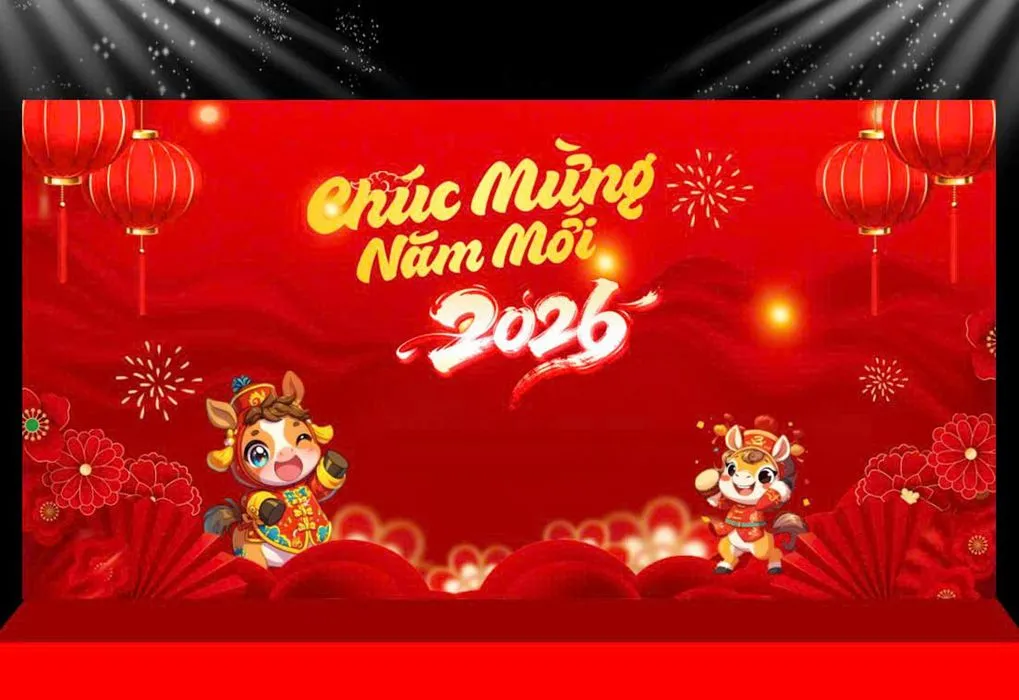 Backdrop Tết 2026 Đỏ May Mắn - Thiết Kế Chúc Mừng Năm Mới