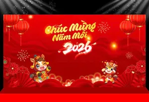 Backdrop Tết 2026 Đỏ May Mắn - Thiết Kế Chúc Mừng Năm Mới