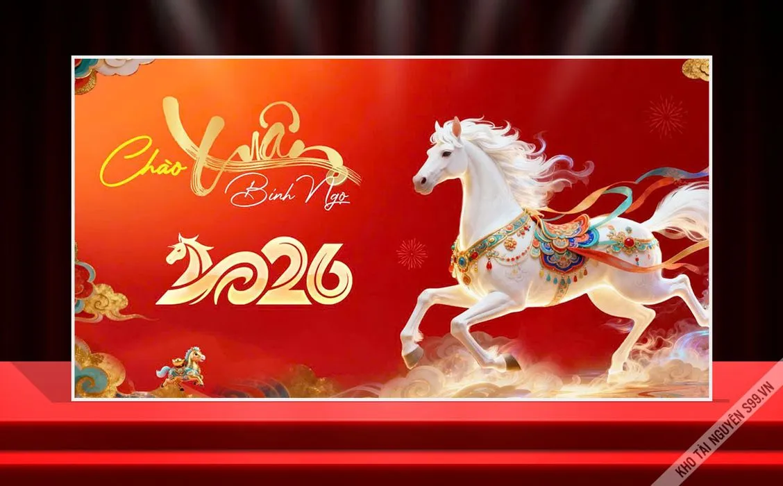 Backdrop Tết Bính Ngọ 2026 – Phong Cách Hiện Đại & Mã Đáo Thành Công