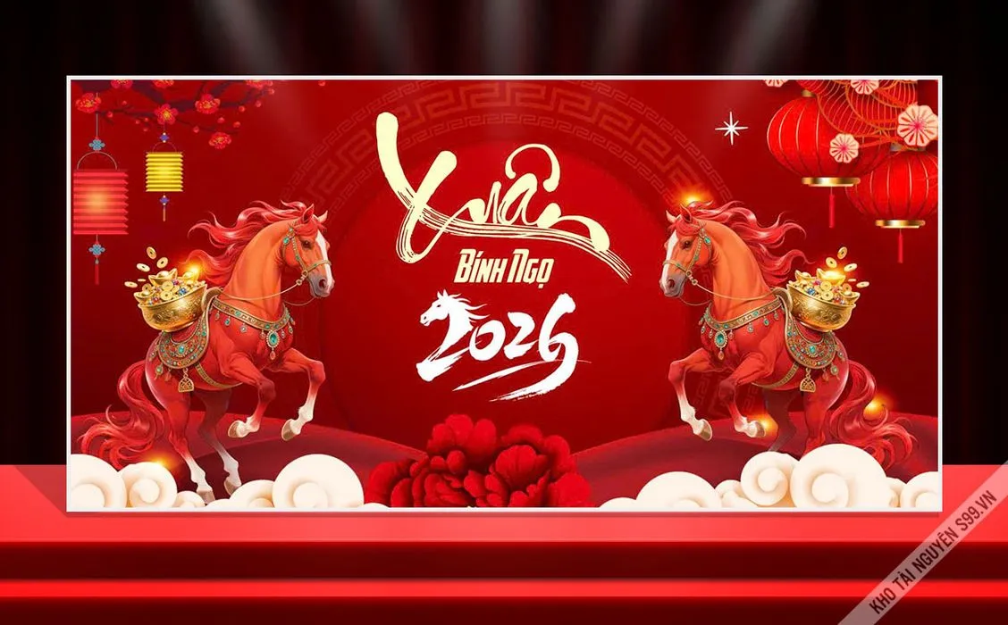 Backdrop Tết Giáp Ngọ 2026 Đỏ May Mắn, Mã Đáo Thành Công CDR