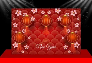 Backdrop Tết Cổ Truyền - Đèn Lồng & Hoa Mai Vector CDR