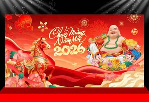Backdrop Tết 2026 Đinh Dậu - Chúc Mừng Năm Mới May Mắn