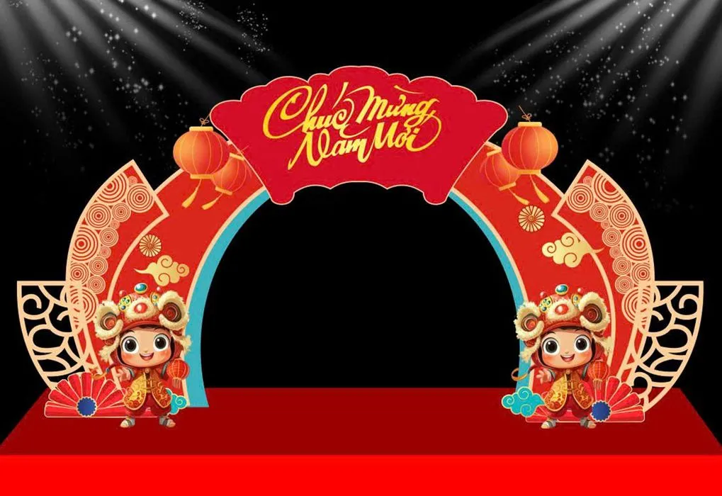 Backdrop Tết Nguyên Đán 2024 - Cổng Chào Sân Khấu Sắc Đỏ May Mắn