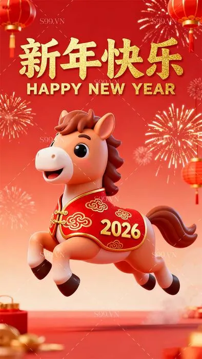 Poster Chúc Mừng Năm Mới Giáp Ngọ 2026 - Hình Minh Họa Con Ngựa PNG