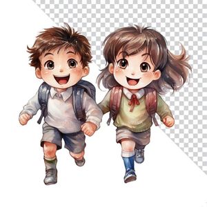 Hình ảnh đôi bạn học sinh cùng nhau đi học 3D file PNG mẫu CR901