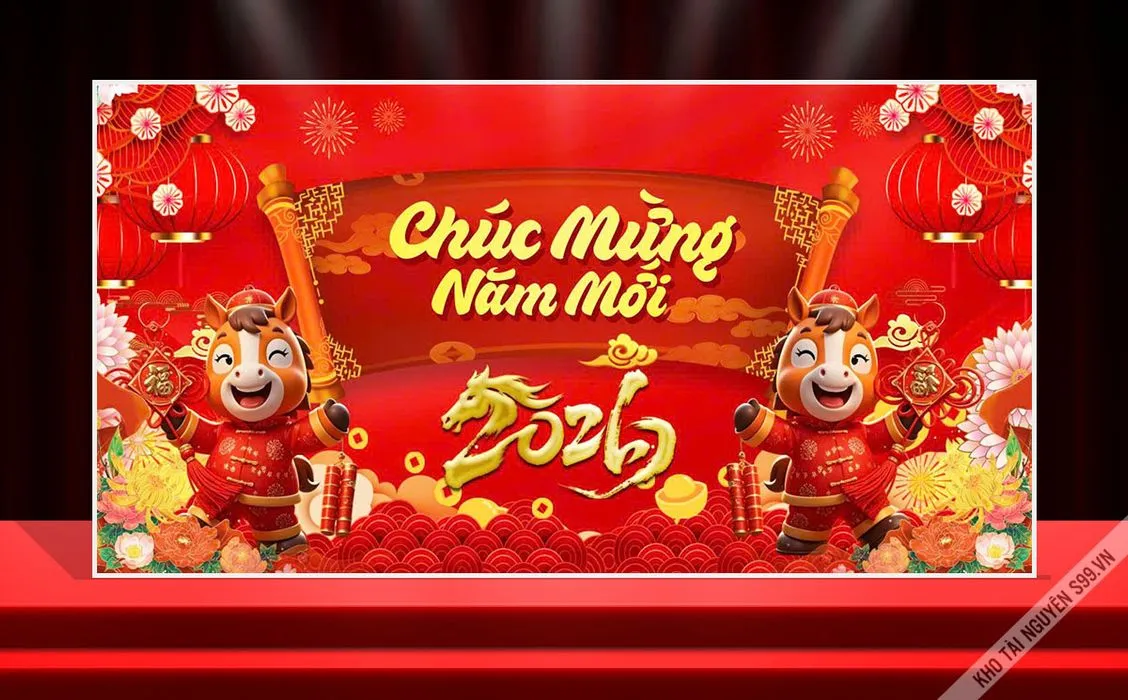 Backdrop Tết 2026 Đỏ May Mắn Chúc Mừng Năm Mới - File CDR