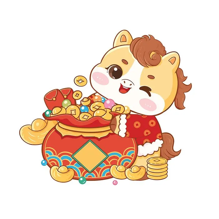 Ngựa Tết Bính Ngọ 2026 Minh Họa Vector, Túi Tiền Vàng May Mắn